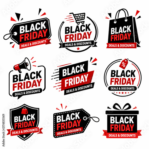 Set of black friday deals and discounts promotional badges featuring shopping carts, megaphones, and gift bags on a white background