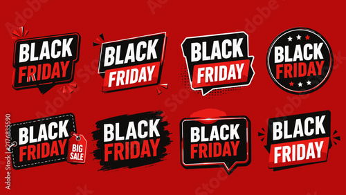 Collection of black friday sale promotional badges and banners in red and black colors isolated on a solid red background, for retail