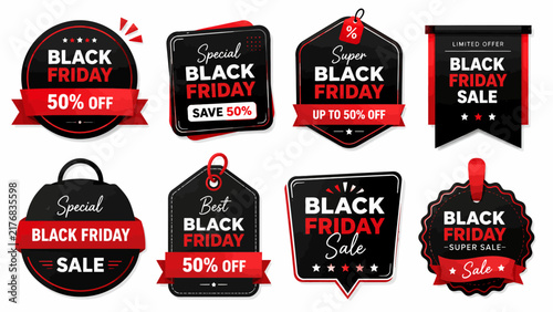 Set of black friday sale discount labels and promotional tags featuring fifty percent off offers and special deals in red and black colors