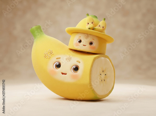 Adorable yellow banana character toy featuring cute face details and miniature banana hat for whimsical nursery or playroom decor.