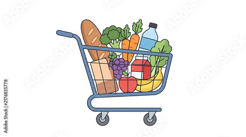 Colorful shopping cart filled with fresh groceries and produce.