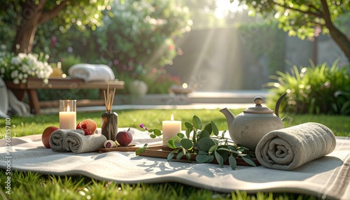 Peaceful garden picnic setting with rolled towels, fresh fruit, tea, and a blanket surrounded by blooming flowers and soft sunlight.