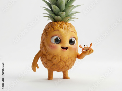 Adorably expressive pineapple fruit character holding tiny happy crab in palm isolated on white background for creative design.