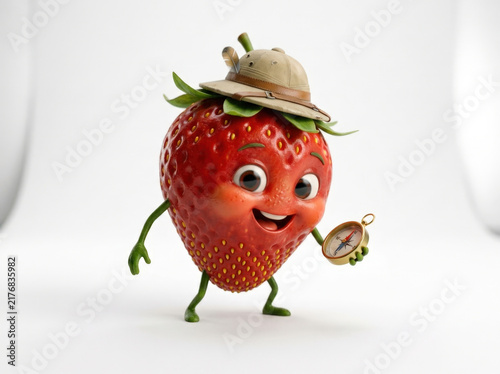Adventure strawberry mascot character wearing pith helmet holding vintage compass for travel concept or exploration design needs.