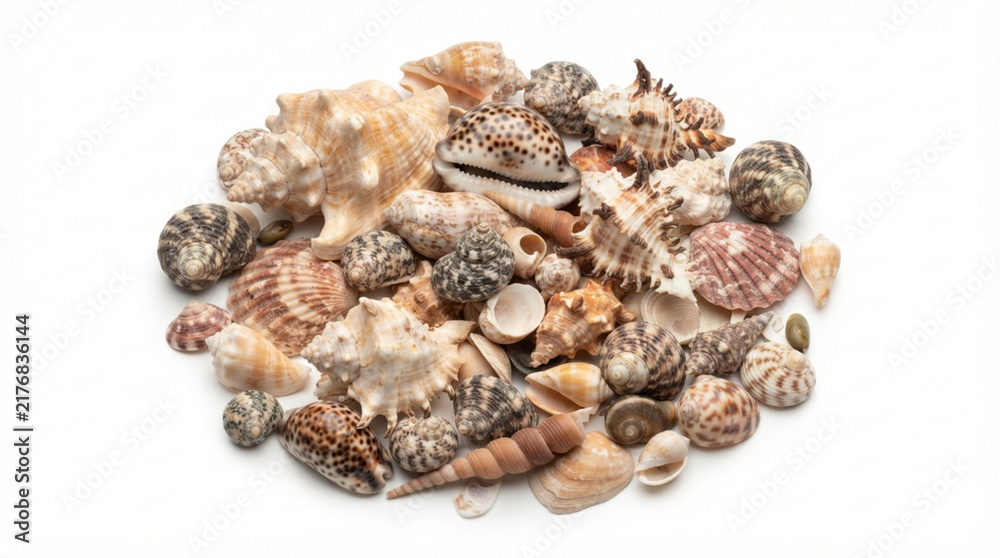 Obraz premium Collection of diverse natural ocean seashells and sea snail shells in various shapes and patterns isolated on a white background top view.