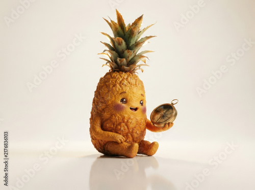 Adventurous pineapple character holding brass navigational compass for travel tourism exploration and discovery marketing themes.