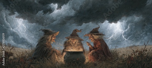 Mystical witches brewing potent magical potion inside bubbling cauldron, dark stormy landscape crackling with electric lightning, casting supernatural ambiance