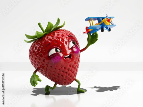 Animated red strawberry character holding colorful toy airplane aloft demonstrates childhood imagination and creative play concepts.