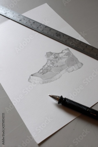 Designer measuring hiking boot design, drawing precise lines with ruler and pencil on white sketch paper, focusing on footwear details