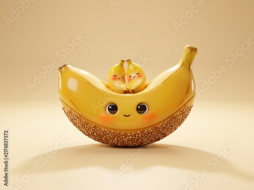 Banana shaped container with sesame textured skin and two small cute banana figures resting on top against soft beige backdrop.