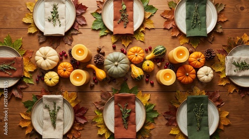Festive Thanksgiving Table Setting with Pumpkins and Candles