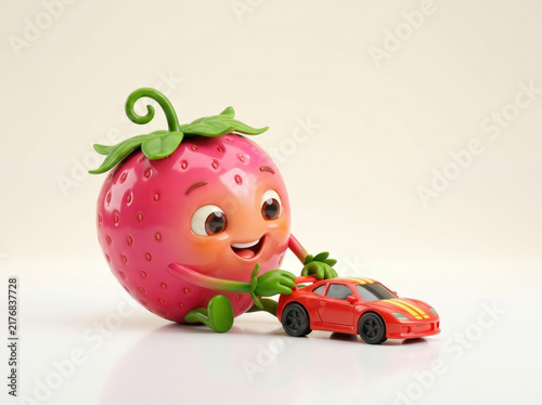 Bright pink strawberry mascot pushing a small red sports car toy on white studio floor representing fun childhood activity scene.