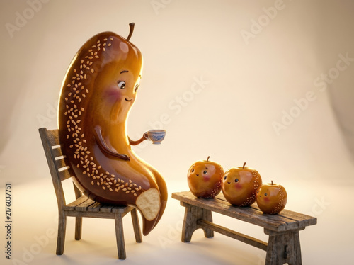 Bread like fruit figure drinks tea on chair near small apple characters sitting on wooden bench for rustic breakfast concept.