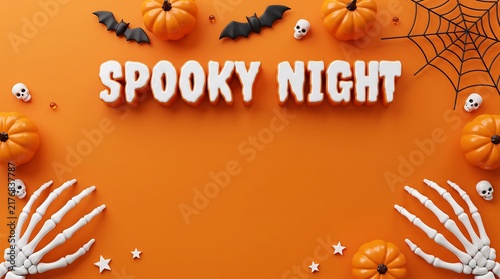 Spooky night halloween flat lay background with orange pumpkins skeleton hands and cobweb skeleton hand halloween top view celebration seasonal tradition invitation copy space backdrop