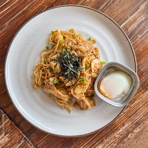 Spicy Stir-Fried Pork Belly Noodles with Onsen Egg