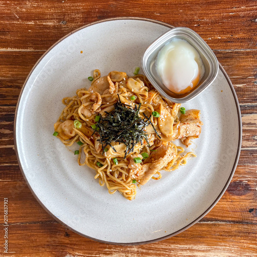 Spicy Stir-Fried Pork Belly Noodles with Onsen Egg