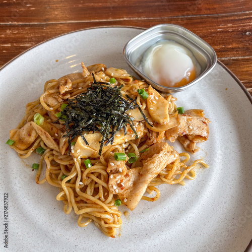 Spicy Stir-Fried Pork Belly Noodles with Onsen Egg