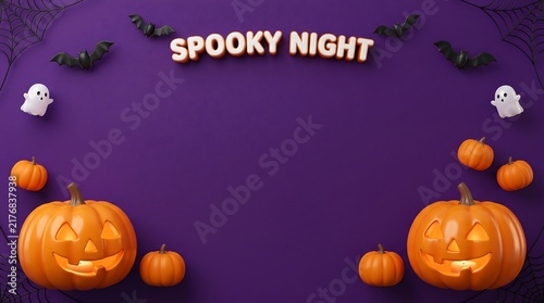 Spooky night halloween background featuring pumpkins bats and ghost decorations on purple surface carved pumpkin jack olantern halloween celebration seasonal decoration greeting backdrop