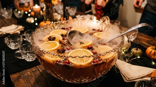 Festive Autumn Punch with Oranges, Cranberries, and Spices in a Crystal Bowl