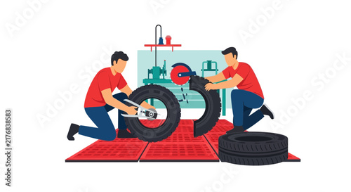 Flat Vector Illustration of Workers Recycling Old Tires in an Industrial Factory Workshop Setting