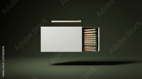 Blank white matchbox mockup floating with wooden matches with green heads on a dark green background, minimalist studio product photography for branding presentation