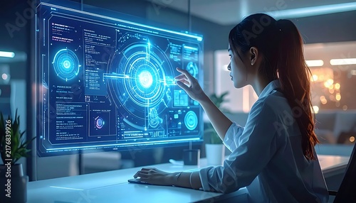 Woman working on computer in modern office.