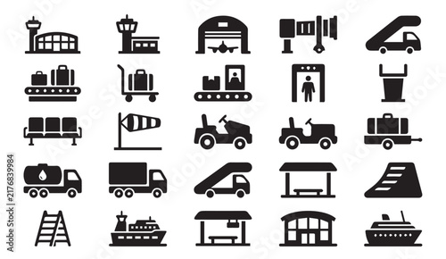 Set of airport terminal and aviation transport black icons with airplane icons