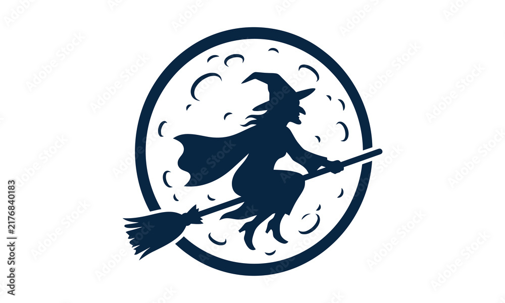 Obraz premium Silhouette of a witch flying on a broomstick in front of a full moon, vector illustration