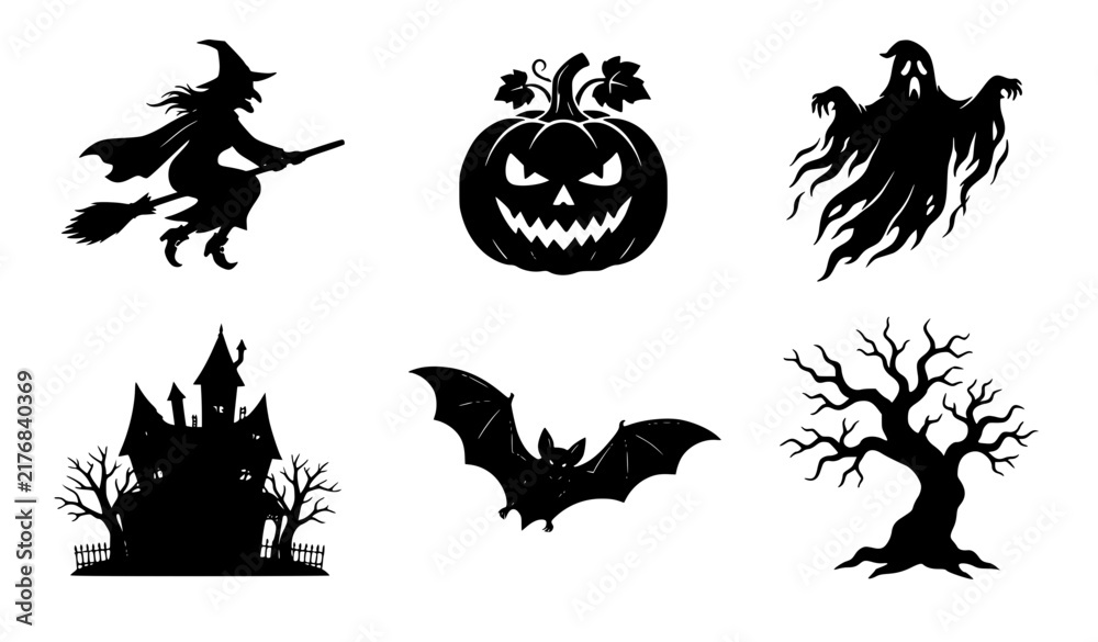 Fototapeta premium Halloween Night Symbols Haunted House Flying Bat Ghost Pumpkin
