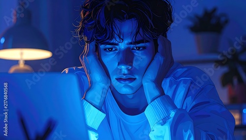 Young man in blue light with serious expression portrait.