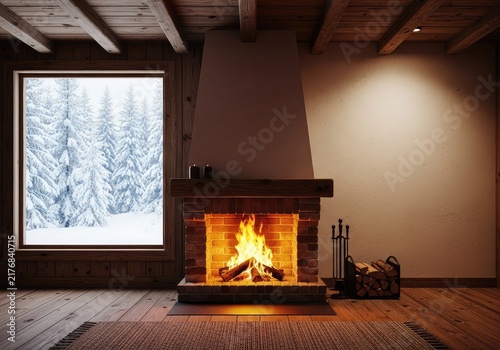 A warm glowing fireplace illuminates a rustic wooden cabin interior while thick white snow falls outside the large forest view window, flame, rustic, cold