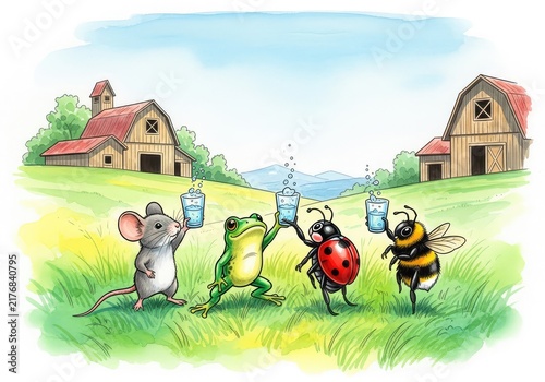 A whimsical sketch of tiny farm creatures raising miniature glasses of dew in celebration amidst watercolor meadows and rustic barns, sketch, peace, artistic