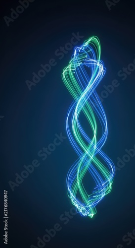 Abstract digital background featuring vibrant blue and green fiber optic light trails flowing in a dynamic and futuristic motion pattern, internet, digital, network