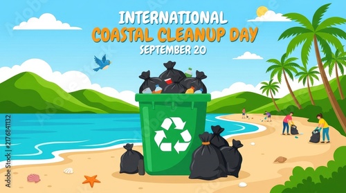International coastal cleanup day with people collecting trash on a beach