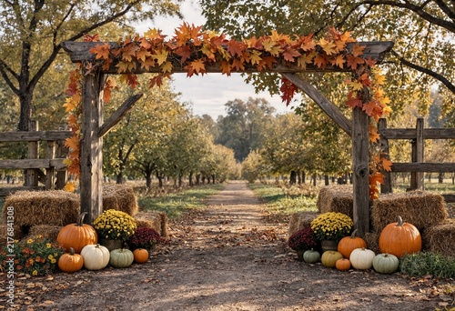 Autumn harvest archway with pumpkins and fall foliage along a country lane during golden hour