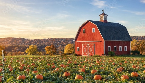 Red barn in a pumpkin patch during golden hour with rolling hills in the background representing autumn harvest