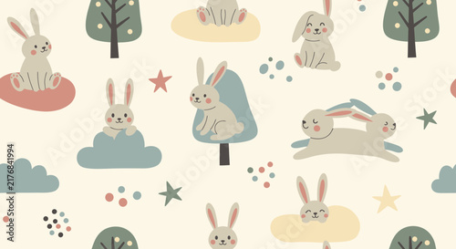 Cute cartoon bunnies and trees seamless pattern, isolated on transparent background