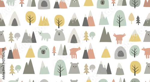 Cute Woodland Animals and Nature Elements Pattern, Isolated on Transparent Background