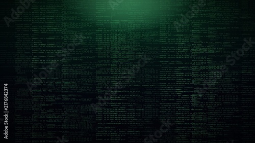 Obraz na płótnie Dense green programming source code filling the frame on a dark background, for hacking, cybersecurity, and software development themes 