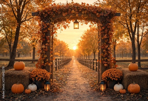 Autumn pathway framed by a wooden arch adorned with falling leaves during a golden sunset
