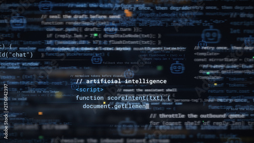 Obraz na płótnie Dark blue code background with artificial intelligence comments, chatbot robot i
