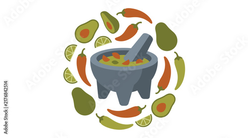 Guacamole Ingredients Surrounding a Stone Molcajete Mortar Bowl for Mexican Cooking Design