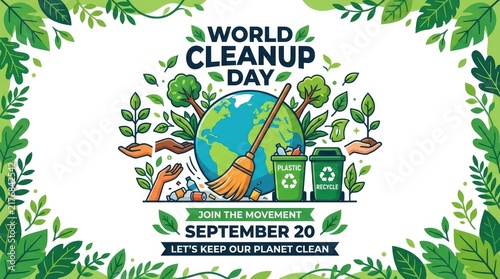 World cleanup day poster with globe, broom, recycling bins, and green leaves isolated on white background