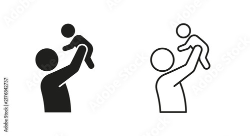 Parent lifting child silhouette icon simple black and white vector graphic