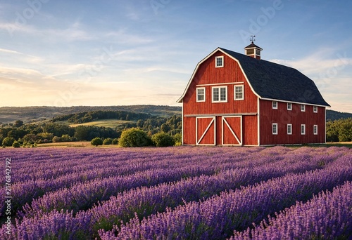 Red barn beside blooming lavender field during golden hour in rural countryside
