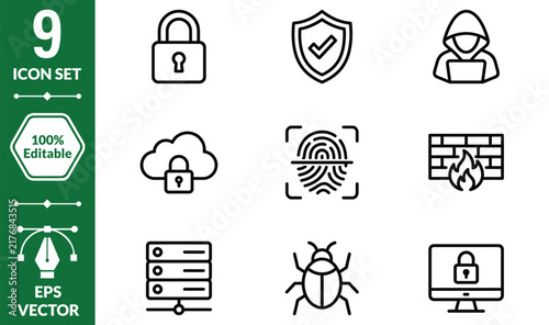 Set of nine cybersecurity and network protection vector line icons for digital security concepts