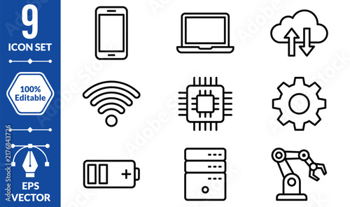 Set of nine modern technology outline icons featuring devices and computing elements for digital interface design