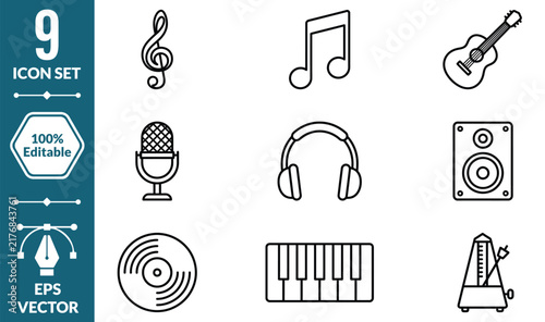 Set of nine black outline musical instruments and audio equipment icons on a white background