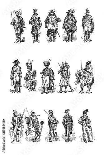 Photography Historical military uniform illustrations, various periods and styles, old vintage illustration, 1897