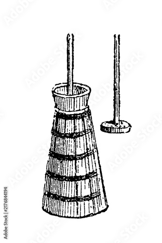 Fotografie Wooden butter churn with conical base and plunger handle, old vintage illustration, 1897